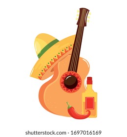 Mexican guitar tequila bottle chilli and hat design, Mexico culture tourism landmark latin and party theme Vector illustration
