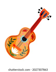 Mexican guitar with traditional flower ornament vector flat illustration. Bright wooden musical instrument with strings for melody playing. Hand drawn acoustic equipment for leisure or hobby isolated