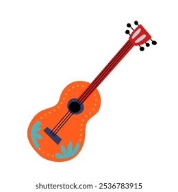 Mexican guitar with traditional flower ornament vector illustration isolated on transparent background. Hispanic bright wooden musical instrument with strings for melody playing.