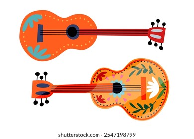 Guitarra mexicana com tradicional ornamento flor vetor ilustração isolado no fundo transparente. Hispânico brilhante instrumento musical de madeira com cordas para tocar melodia.