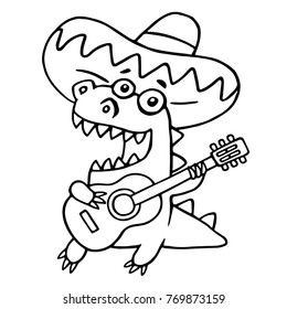 Mexican guitarist black and white dinosaur. Vector illustration. Funny cartoon musician isolated character.