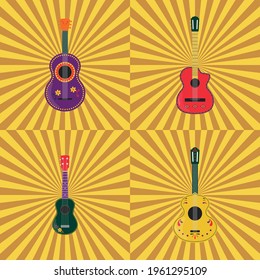 Mexican guitars seamless pattern, background, poster, banner. Guitars and ukulele decorated with traditional ornament on yellow sunburst background. Mariachi string musical instrument.