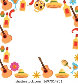 Mexican guitars tequila bottles chillis skulls cocktails and flowers frame design, Mexico culture tourism landmark latin and party theme Vector illustration