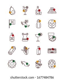Mexican half line half color style icon set design, Mexico culture tourism landmark latin and party theme Vector illustration