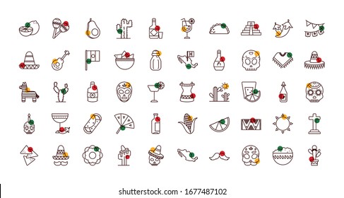 Mexican half line half color style icon set design, Mexico culture tourism landmark latin and party theme Vector illustration