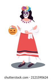 Mexican halloween costume semi flat color vector character. Standing figure. Full body person on white. Day of dead holiday simple cartoon style illustration for web graphic design and animation