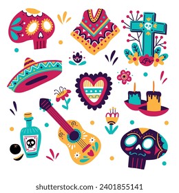 Mexican halloween elements. Death culture, decorative day of dead objects, patterned sugar skulls, tequila and burning candles, vector set