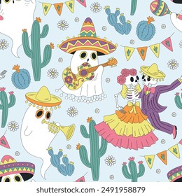 Mexican Halloween ghost dancing skeleton vector seamless pattern. Day of the Dead background