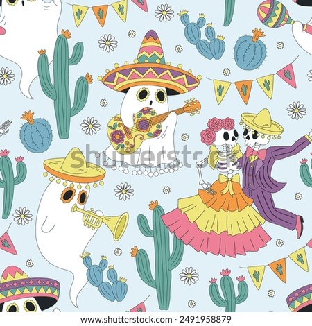 Mexican Halloween ghost dancing skeleton vector seamless pattern. Day of the Dead background