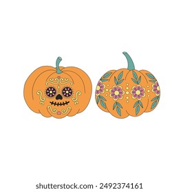 Mexican Halloween pumpkin vector clip-art set isolated on white. Day of the dead illustration