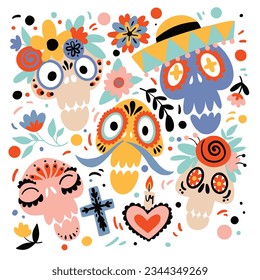Mexican halloween skull skeleton flower flat colorful hand drawn illustration