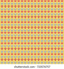 Mexican Halloween style vector pattern with skulls, hearts and crosses on yellow background