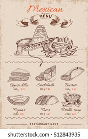 Mexican hand drawn restaurant menu with ribbon food icons and prices set on grunge background vector illustration