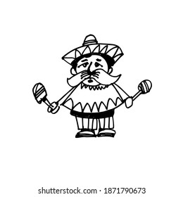 Mexican. A hand-drawn cartoon character. Black and white vector illustration.