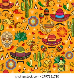 Mexican hand-drawn seamless pattern. Skull, tequila, maracas, cactus, chili pepper, sombrero. Lots of symbols and elements. Perfect festive vector latin american background in cartoon flat style.