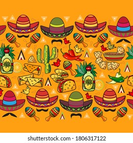 Mexican hand-drawn striped seamless pattern. Skull, tequila, maracas, cactus, chili pepper, sombrero. Lots of symbols and elements. Festive vector latin american background in cartoon flat style.