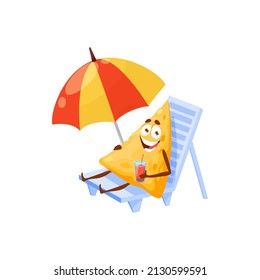 Mexican happy cartoon funny food nachos lying on chaise lounge under umbrella with cocktail in hands. Vector summer beach activity, sunbathing fastfood character, fast food triangle nachos emoticon