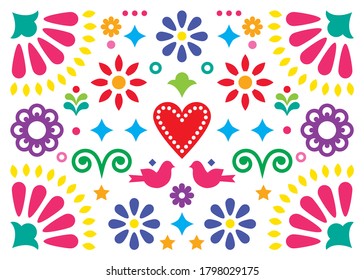 Mexican happy folk art vector greeting card or party invitation design, colorful pattern with flowers and birds inspired by traditional ornaments from Mexico. Vibrant floral background with swirls 