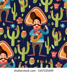 Mexican happy man in sombrero hat with guitar and cactus vector seamless pattern. Traditional Mexico cartoon flat illustration. Cinco de mayo latin party card.