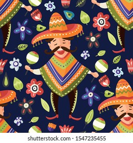 Mexican happy man in sombrero hat with maracas vector seamless pattern. Traditional Mexico cartoon flat illustration. Cinco de mayo latin party card.