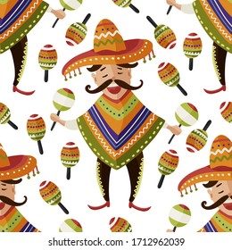 Mexican happy man in sombrero hat with maracas vector seamless pattern. Traditional Mexico cartoon flat illustration. Cinco de mayo latin party background in a with senior flat style.