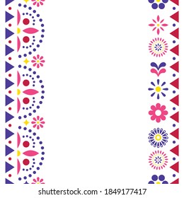 Mexican happy vector greeting card or invitation design, vibrant pattern with flowers and geometric shapes. Folk art repetitive decoration, retro design form Mexico in pink and navy blue 
