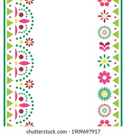 Mexican happy vector greeting card or invitation design, colorful pattern with flowers and geometric shapes. Folk art repetitive decoration, retro design form Mexico in pink and green
