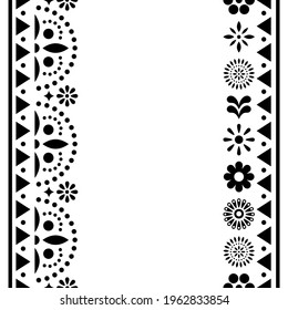 Mexican happy vector greeting card or invitation design, black and white pattern with flowers and geometric shapes. Folk art repetitive decoration, monochrome retro design form Mexico
  
