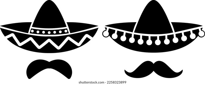 mexican hat black icons. Flat moustache symbol isolated on white. vector illustration