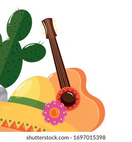 Diseño de cactus y guitarra mexicanos, turismo cultural en México, tema latino y de fiesta Ilustración vectorial