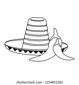 Mexican hat and chillis in black and white