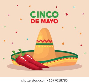 Mexican hat and chillis design, Cinco de mayo mexico culture tourism landmark latin and party theme Vector illustration