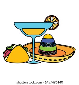 mexican hat with cocktail and taco vector illustration design