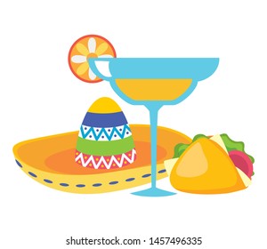 mexican hat with cocktail and taco vector illustration design