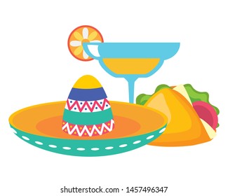mexican hat with cocktail and taco vector illustration design