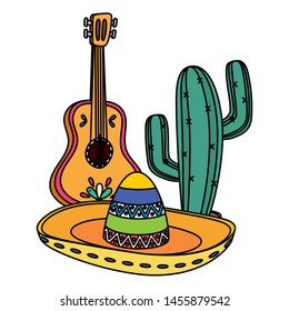 mexican hat with guitar and cactus vector illustration design