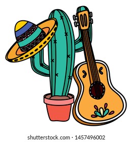 mexican hat with guitar and cactus vector illustration design
