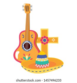 mexican hat with guitar and cross vector illustration design