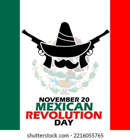 Mexican hat icon with thick mustache and two guns with bold text on Mexican flag to commemorate Mexican Revolution Day on November 20