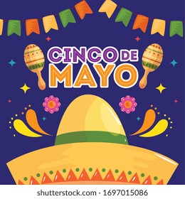 Mexican hat and maracas design, Cinco de mayo mexico culture tourism landmark latin and party theme Vector illustration