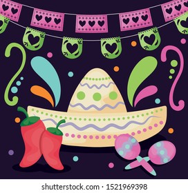 mexican hat with maracas, mexican food vector illustration design