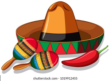 Mexican hat and maracas on white background illustration