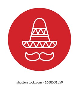 Mexican hat with mustache block style icon design, Mexico culture tourism landmark latin and party theme Vector illustration