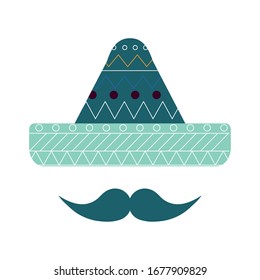 Mexican hat and mustache flat style icon design, Mexico culture tourism landmark latin and party theme Vector illustration