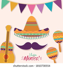 Mexican hat with mustache guitar and maracas design, Mexico culture tourism landmark latin and party theme Vector illustration