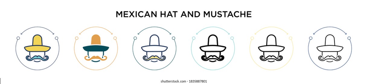 Mexican hat and mustache icon in filled, thin line, outline and stroke style. Vector illustration of two colored and black mexican hat and mustache vector icons designs can be used for mobile, ui,