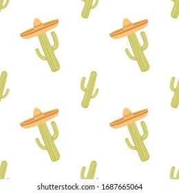 Mexican hat sombrero and cacti on a white background, seamless vector pattern.