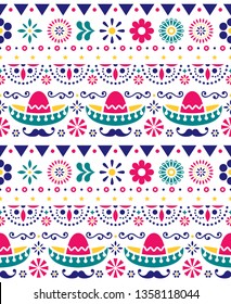 Mexican hat - sombrero and long mustache seamless vector floral pattern - textile, wallpaper design. Repetitive decoration inspired by traditional art from Mexico, cute ornament in pink, navy blue 