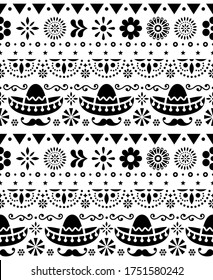 Mexican hat - sombrero and long mustache seamless vector floral pattern - textile, wallpaper design. Repetitive decoration inspired by traditional art from Mexico, cute ornament in black and white
  