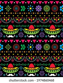 Mexican hat - sombrero and long mustache seamless vector floral pattern - textile, colorful design on black background. Repetitive decoration inspired by traditional art from Mexico, cute ornament 
  